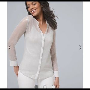 White House Black Market Sheer Sequin Top Shirt Blouse Women’s Size XXS Silver